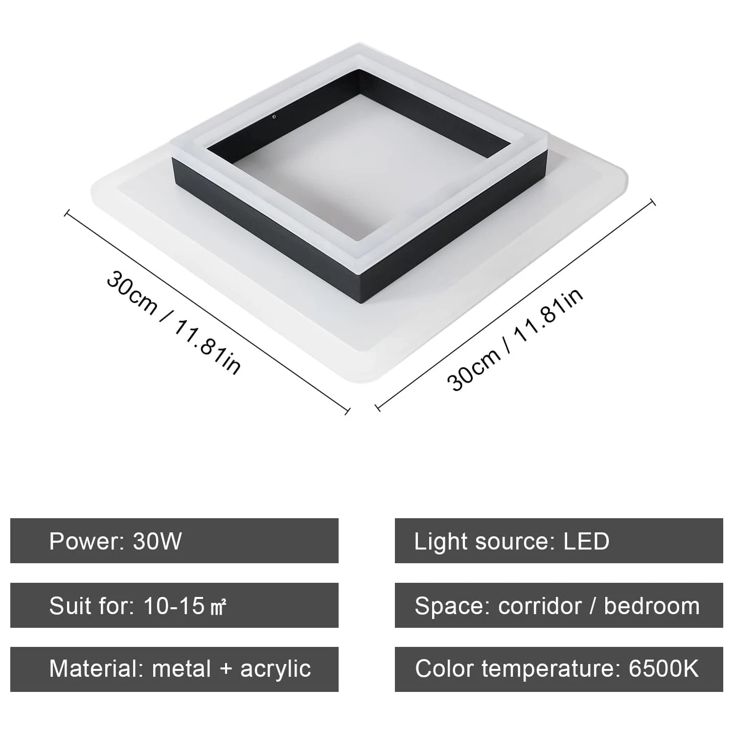Plafonnier carré en acrylique plafonnier LED moderne, plafonniers LED blancs 6500K pour chambre bureau cuisine salon