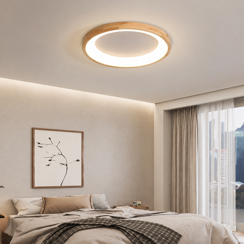 Circular Scandinavian Ceiling Light in Natural Wood