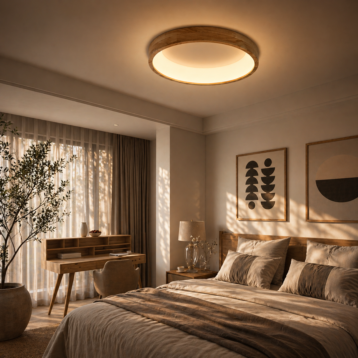 Plafonnier Scandinave Circulaire en Bois Naturel