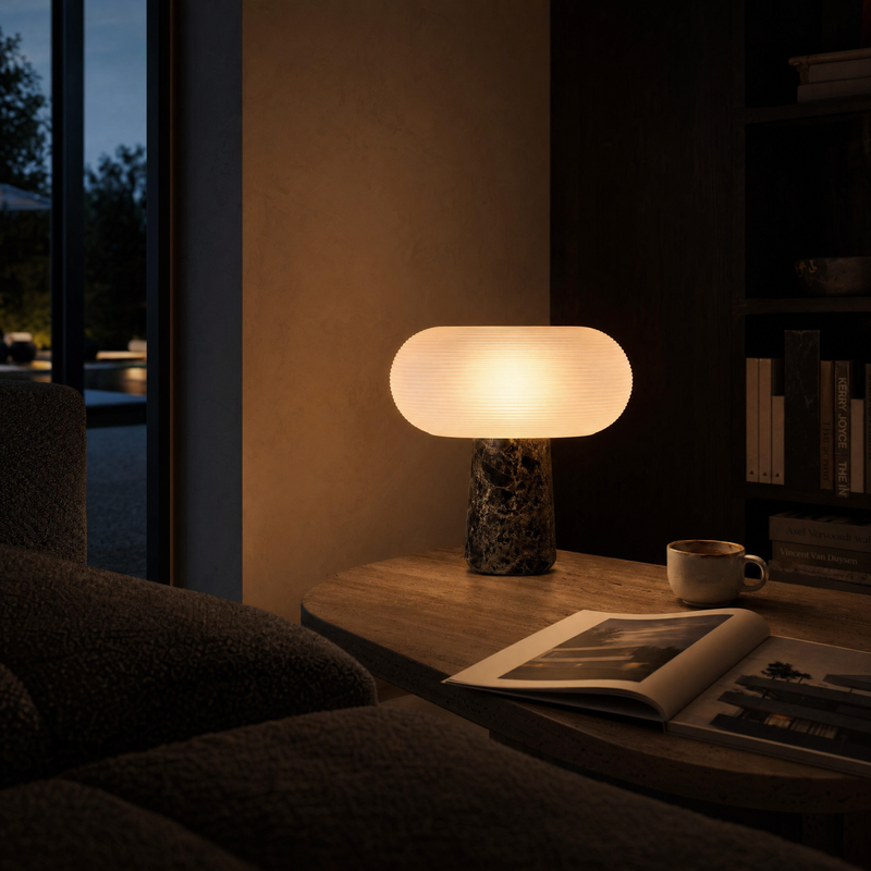 Ribbed Glass Oval Table Lamp with Black Marble Base | Flint