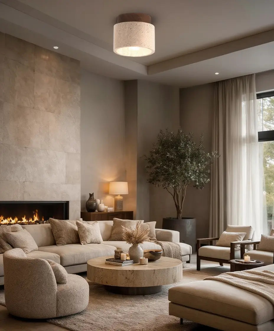 Otium - Travertine & Wood Ceiling Light