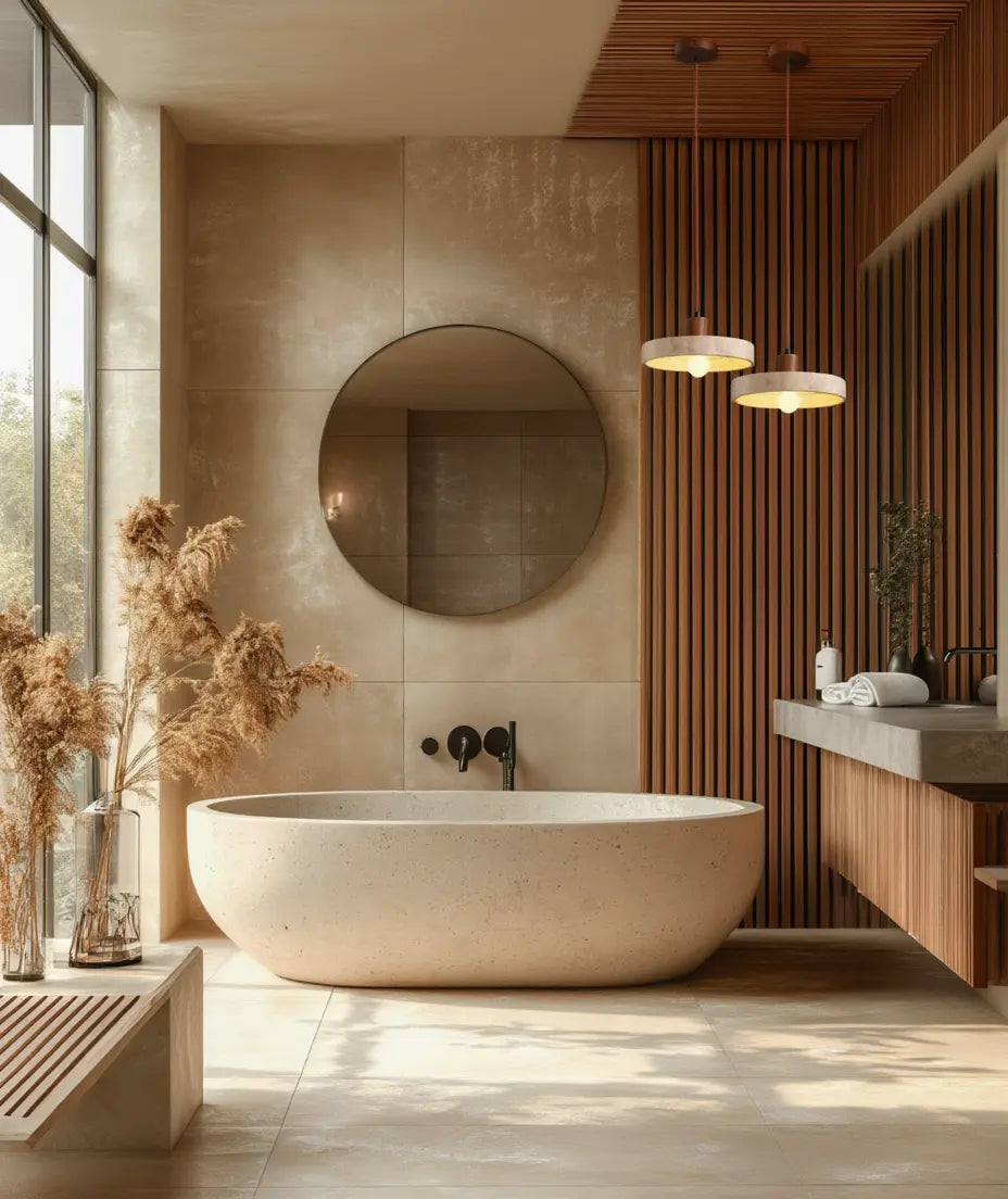 Floor - Travertine & Wood pendant light
