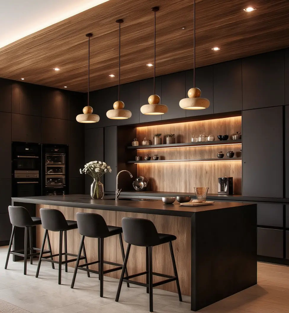 Lipari - Travertine & Wood Pendant light
